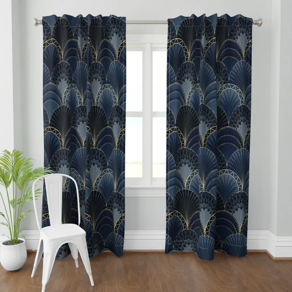 Blue and Gold Art Deco Curtain Panel - Dark Blue product