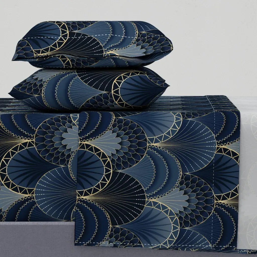 Blue and Gold Art Deco Scallop King Sheet Set - Navy Blue product
