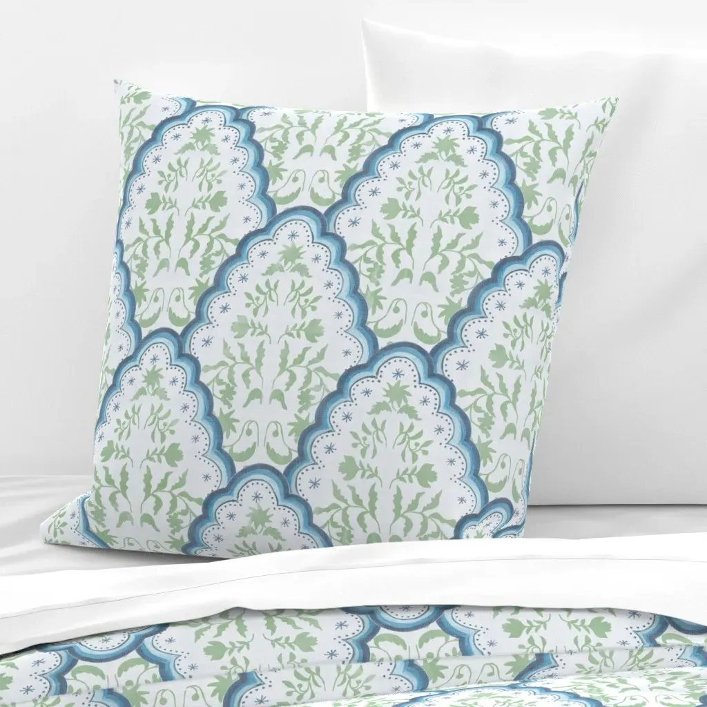 Blue and Green Scallop Paisley Euro Pillow Sham - Light Green product