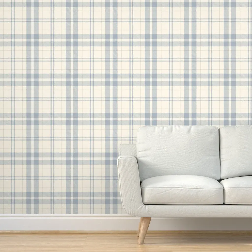 Blue and Ivory Tartan Plaid Peel and Stick Wallpaper - Dusty Blue product