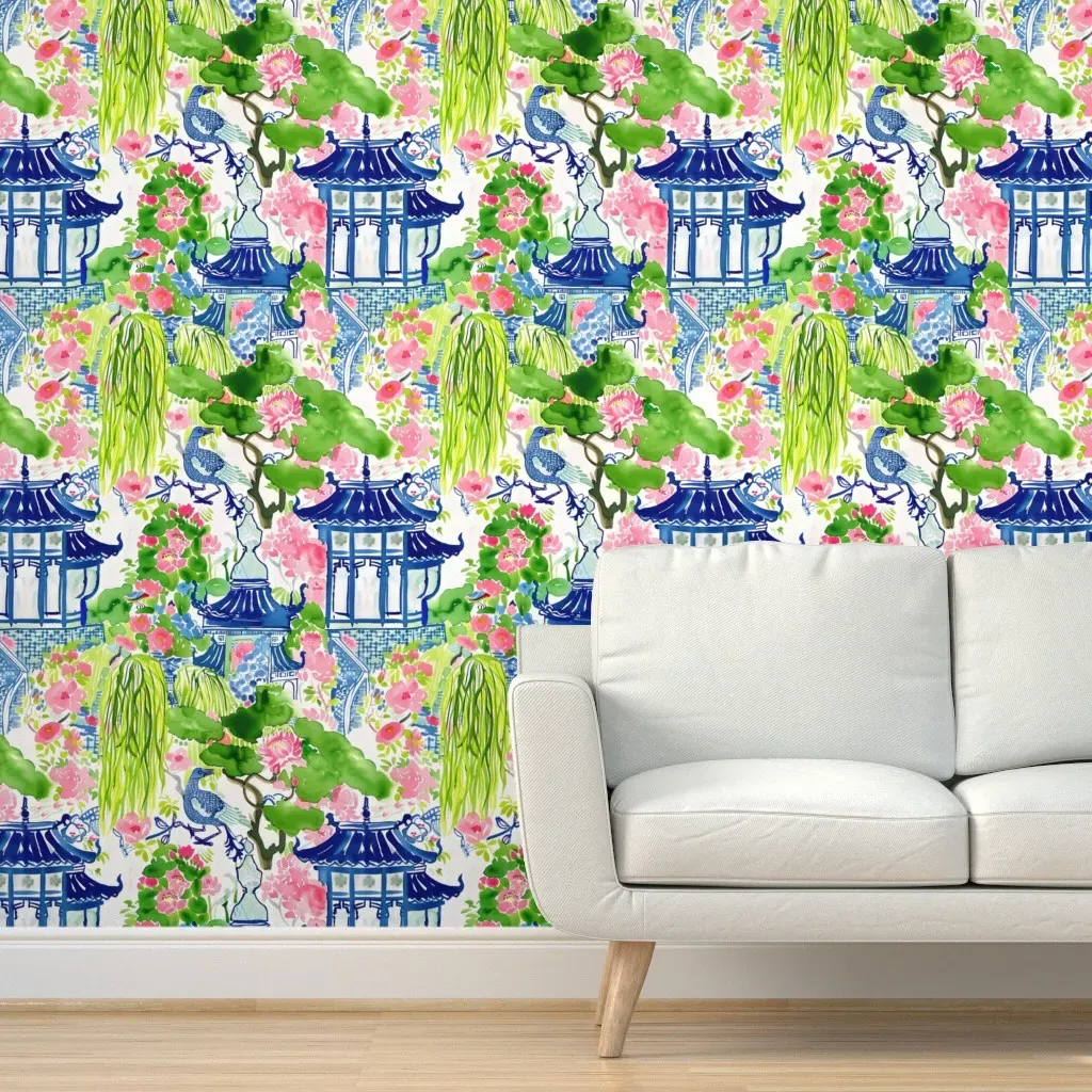 Blue Bird Chinoiserie Garden Watercolor Peel and Stick Wallpaper - Blue product