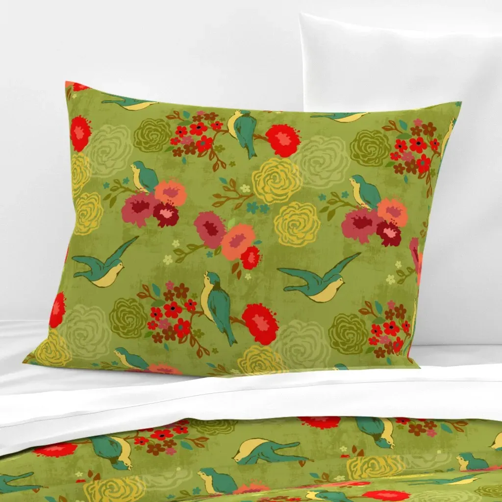 Blue Birds & Blush Blooms Standard Knife Edge Pillow - Chartreuse, Cotton Sateen product