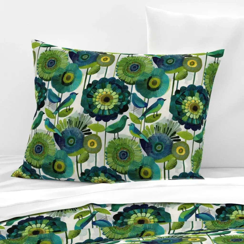 Blue Birds Green Flowers Standard Pillow - Blue, Cotton Sateen product