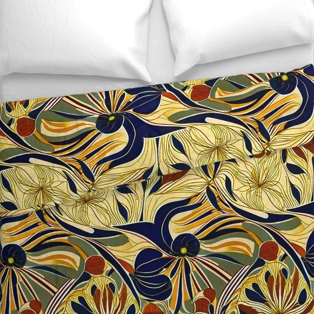 Blue Brown Yellow Flowers Duvet Cover - Gold alternate view