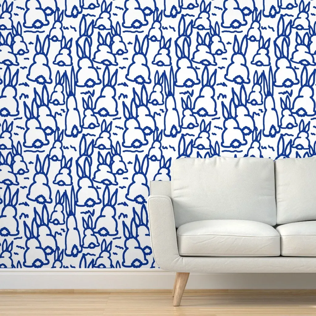 Blue Bunny Fabric Peel and Stick Wallpaper - Blue, White product