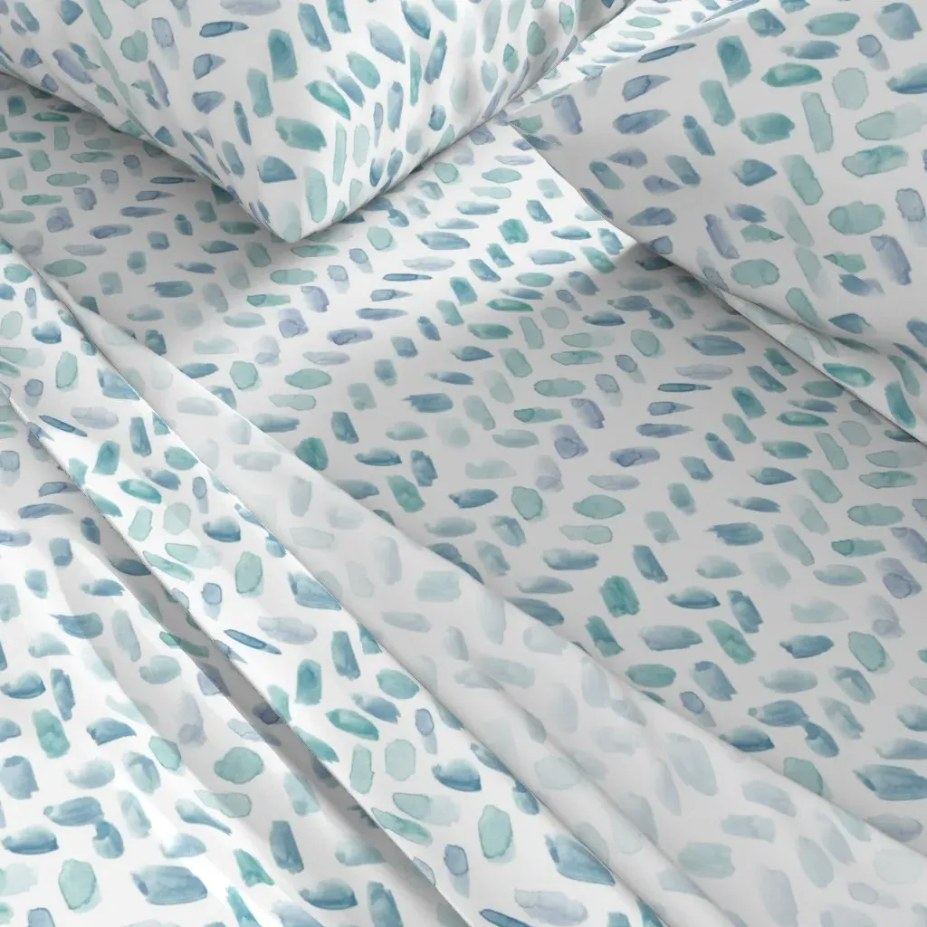 Blue & Emerald Watercolor Herringbone Queen Sheet Set - Light Teal alternate view