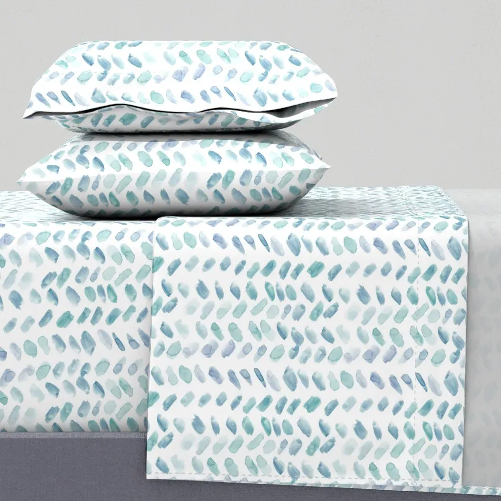 Blue & Emerald Watercolor Herringbone Queen Sheet Set - Light Teal product