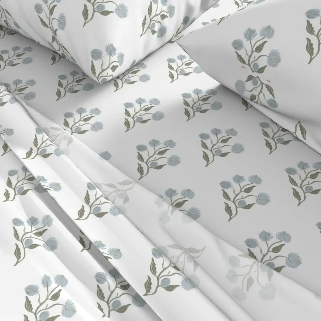 Blue Florals on White King Size Sheet Set - Light Blue alternate view
