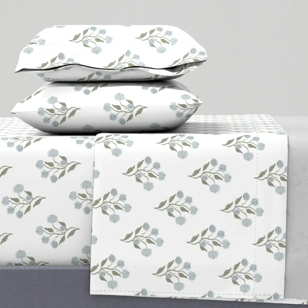 Blue Florals on White King Size Sheet Set - Light Blue product