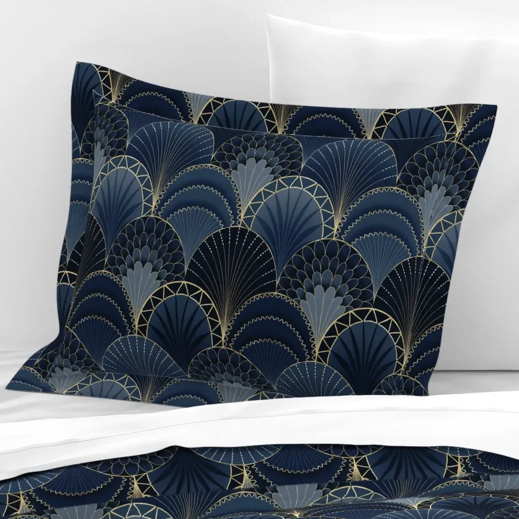 Blue & Gold Art Deco Scallop Standard Pillow Sham - Navy Blue, Cotton Sateen product