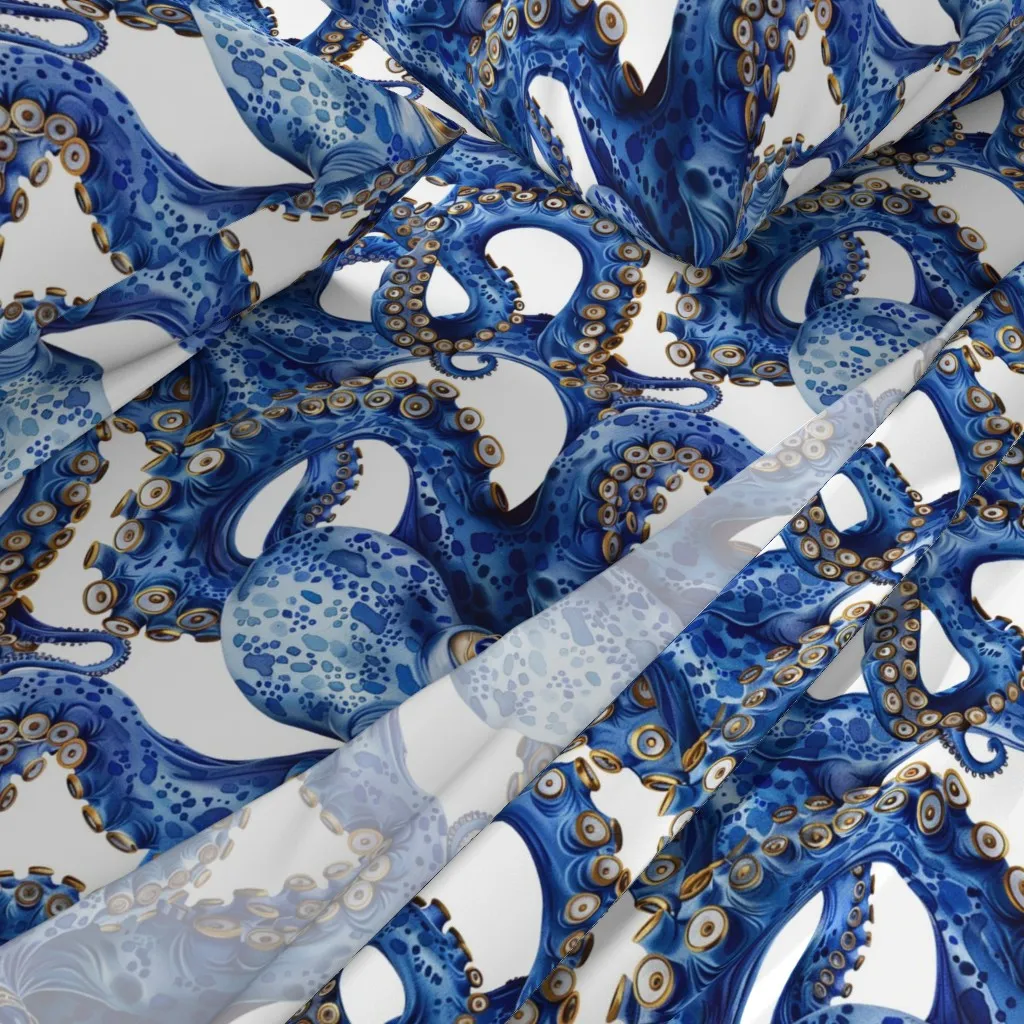 Blue Gold Octopus Watercolor Ocean Print King Sheet Set alternate view