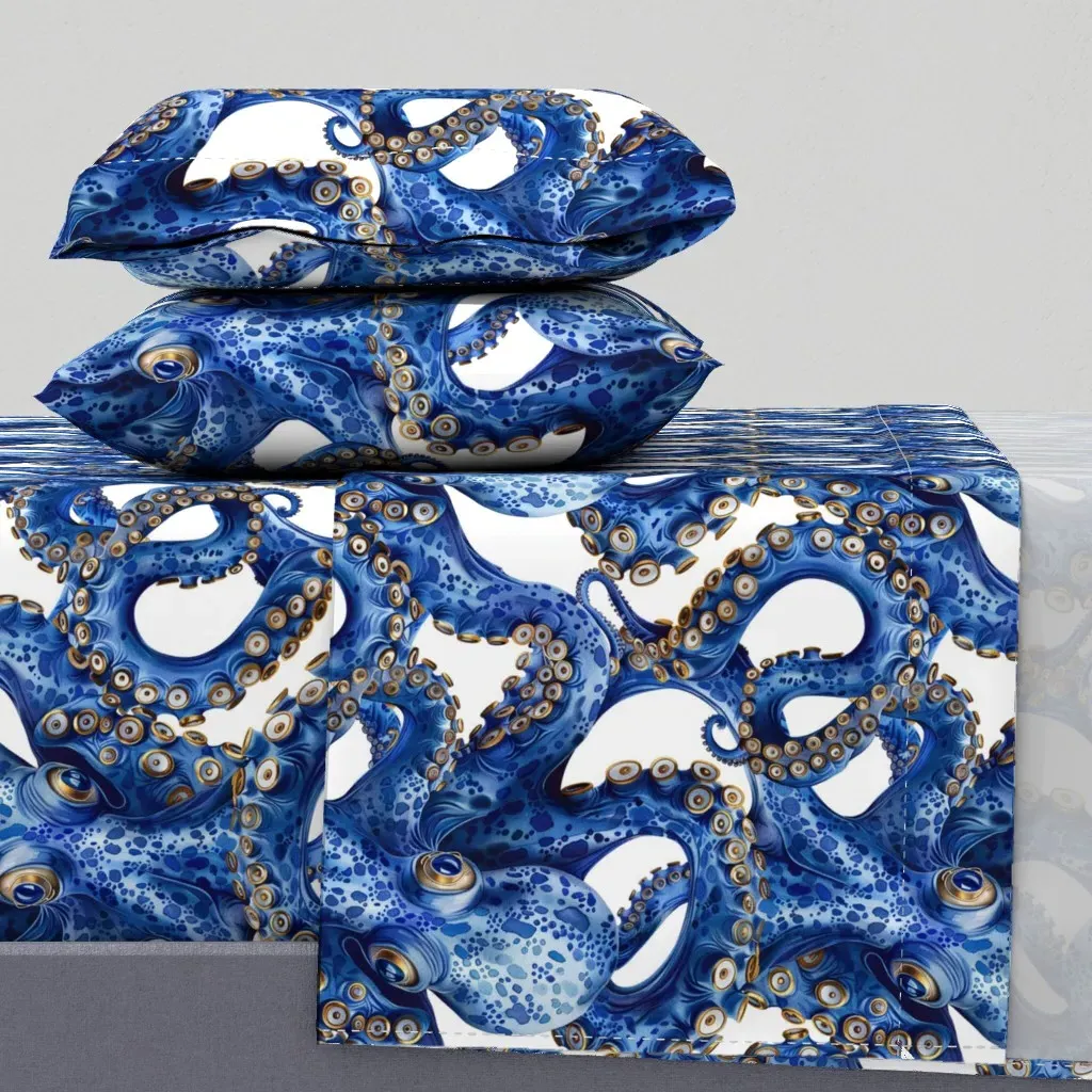 Blue Gold Octopus Watercolor Ocean Print King Sheet Set product