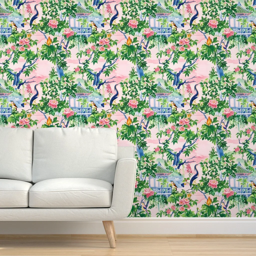 Blue Heron Chinoiserie Pagoda Garden Peel and Stick Wallpaper - Pink product