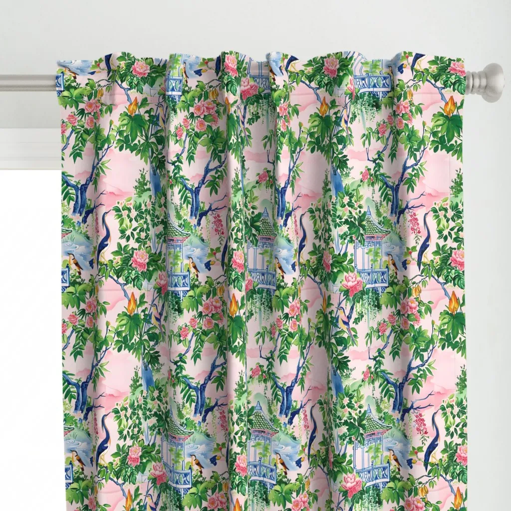 Blue Heron In Chinoiserie Curtain Panel - Pink alternate view