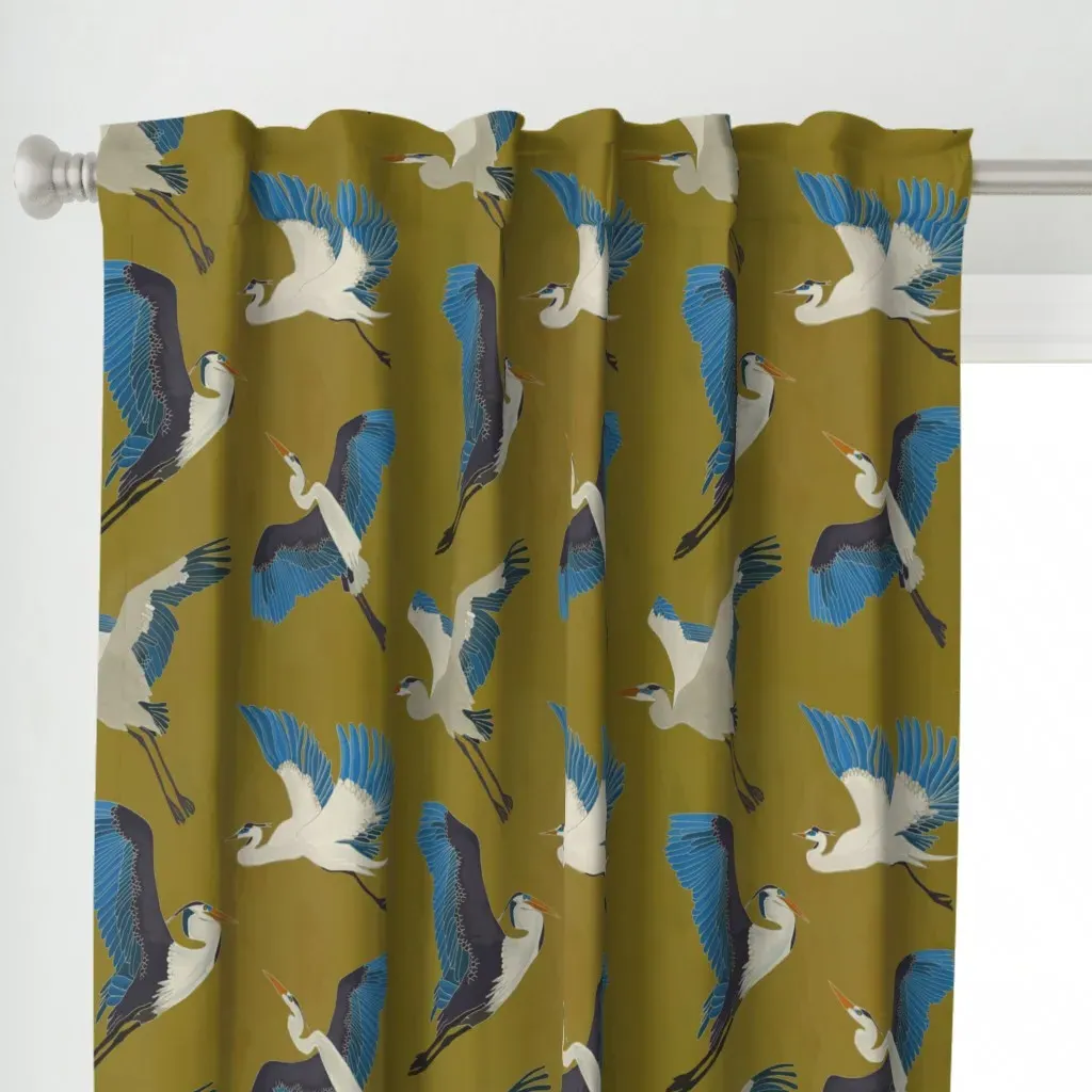 Blue Heron In Green Curtain Panel - White alternate view