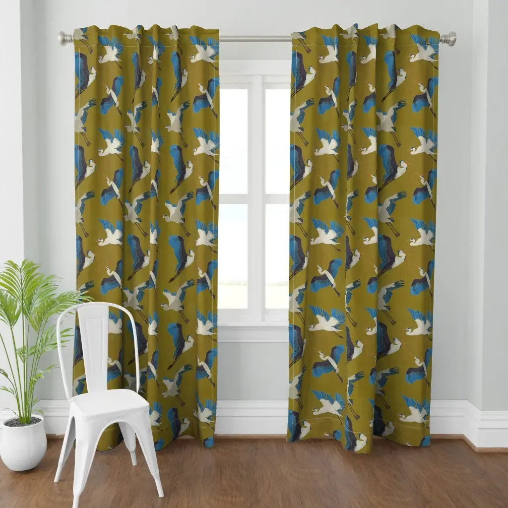 Blue Heron In Green Curtain Panel - White product