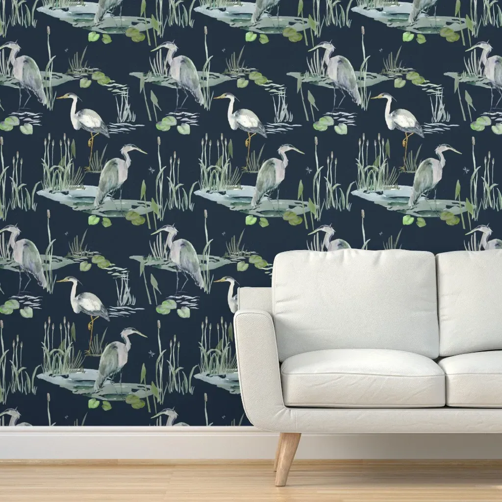 Blue Herons Watercolor Peel and Stick Wallpaper - Dark Navy Blue product
