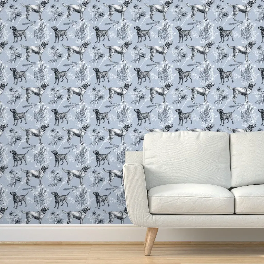 Blue Labrador Retriever Floral Toile Peel and Stick Wallpaper - Blue product
