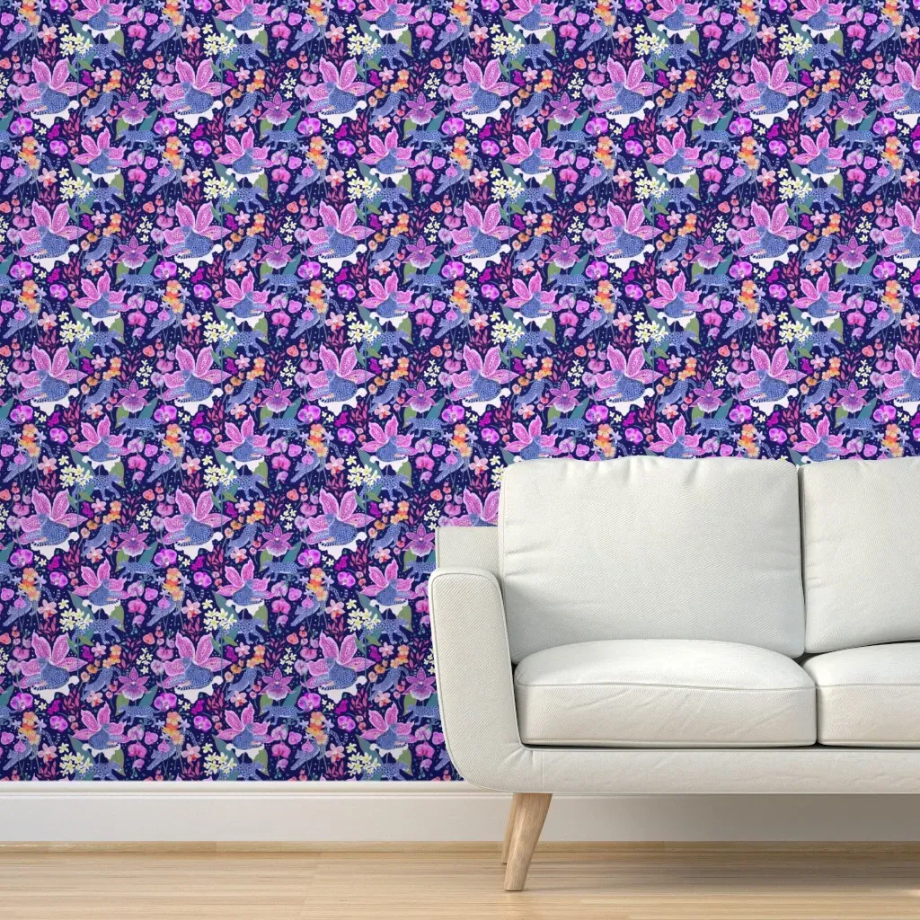 Blue Leopards In An Orchid Garden Peel and Stick Wallpaper - Pink product