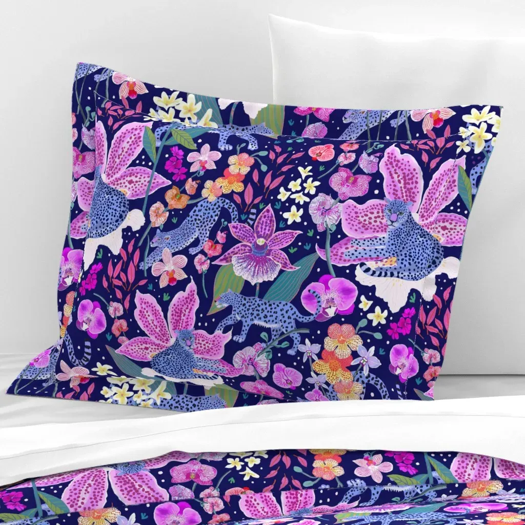 Blue Leopards In An Orchid Garden Standard Flanged Cushion Cover - Pink, Cotton Sateen product