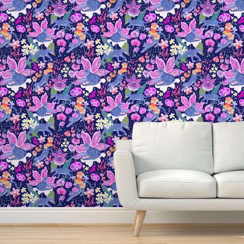 Blue Leopards Orchid Garden Peel and Stick Wallpaper - Purple, Pink, Blue product