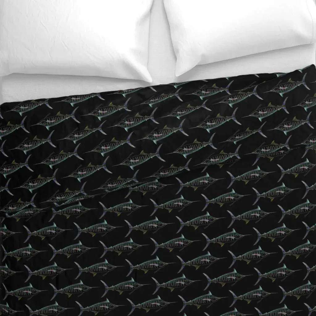 Blue Marlin In Lines On Black Duvet Cover - Teal alternate view