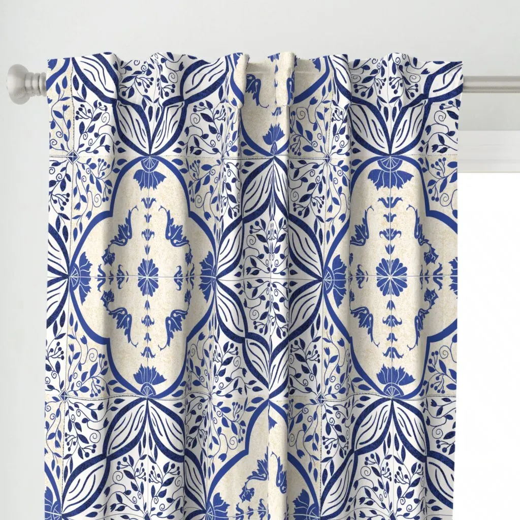 Blue Mediterane Tiles Curtain Panel - Blue alternate view