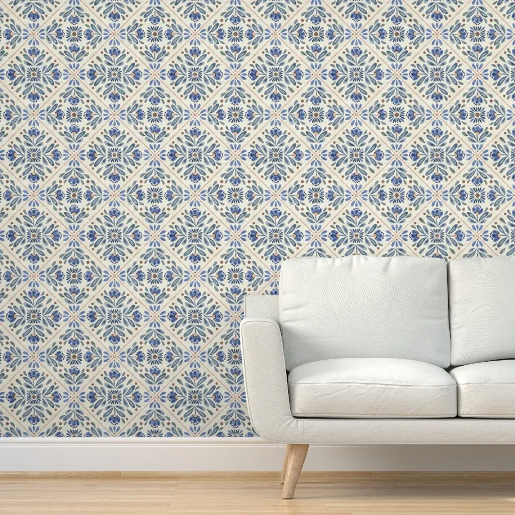 Blue Mediterranean Folk Tiles Peel and Stick Wallpaper - Blue product