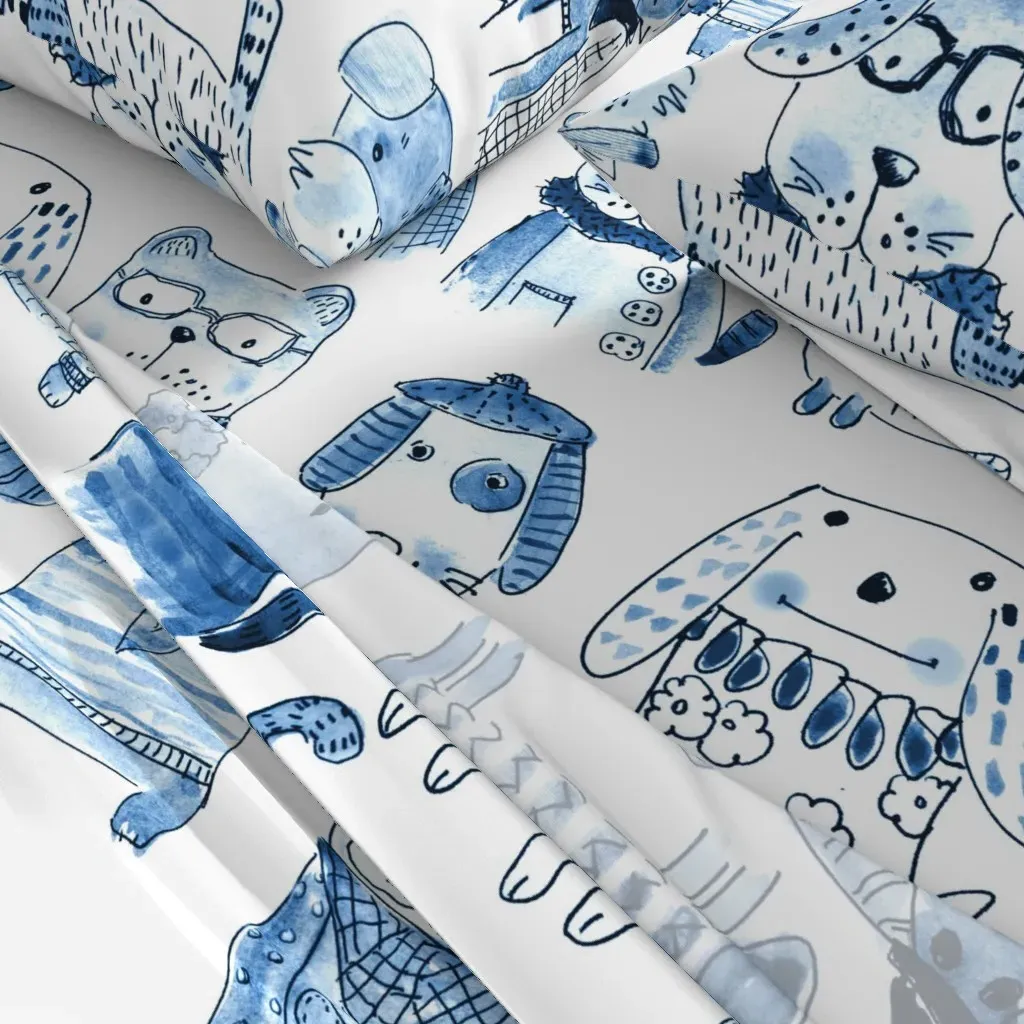 Blue Monochrome Dog Sketches King Size Sheet Set - Indigo Blue alternate view