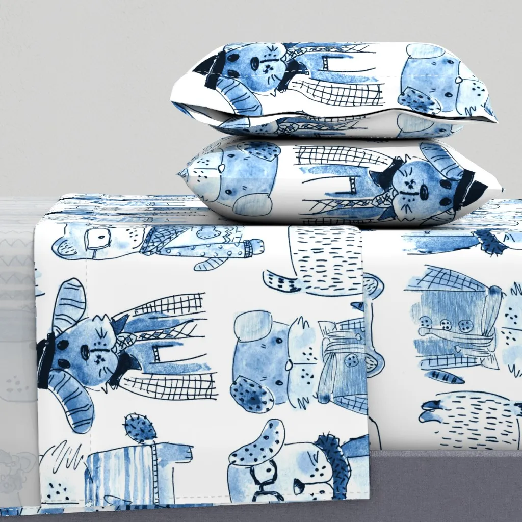 Blue Monochrome Dog Sketches King Size Sheet Set - Indigo Blue product
