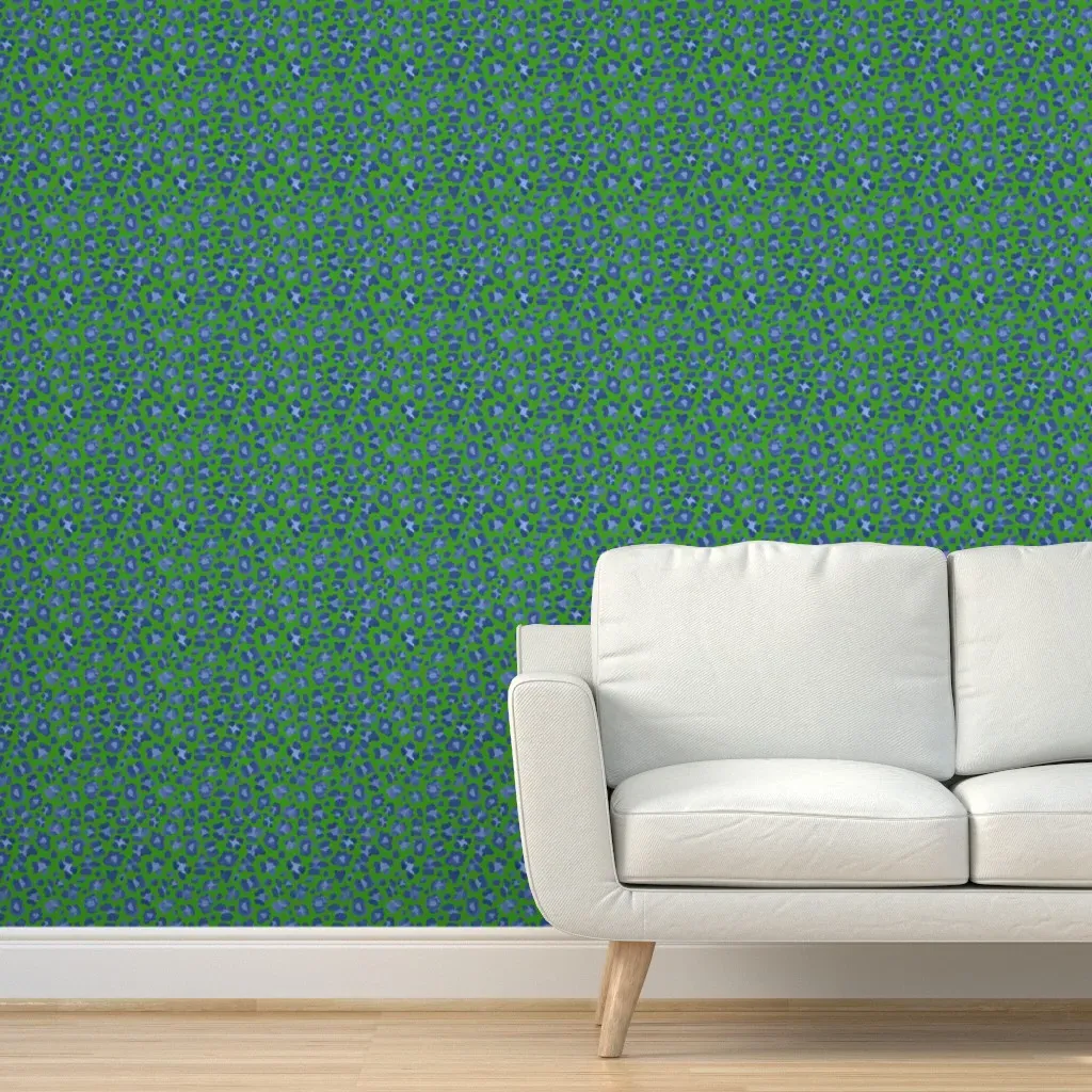 Blue on Green Leopard Print Peel and Stick Wallpaper - Green product