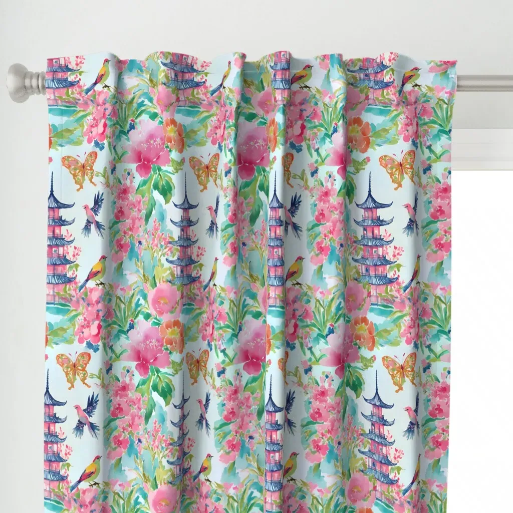 Blue Pagoda Chinoiserie Curtain Panel - Pink alternate view