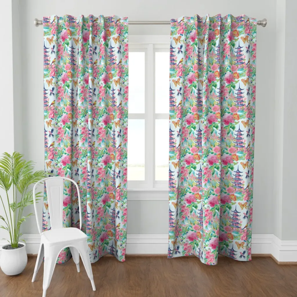Blue Pagoda Chinoiserie Curtain Panel - Pink product
