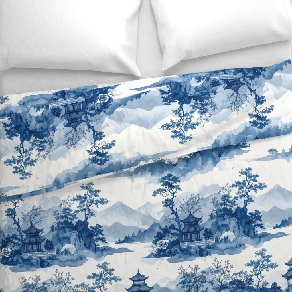 Blue Porcelain Mountain Pagoda Duvet Cover - Blue alternate view