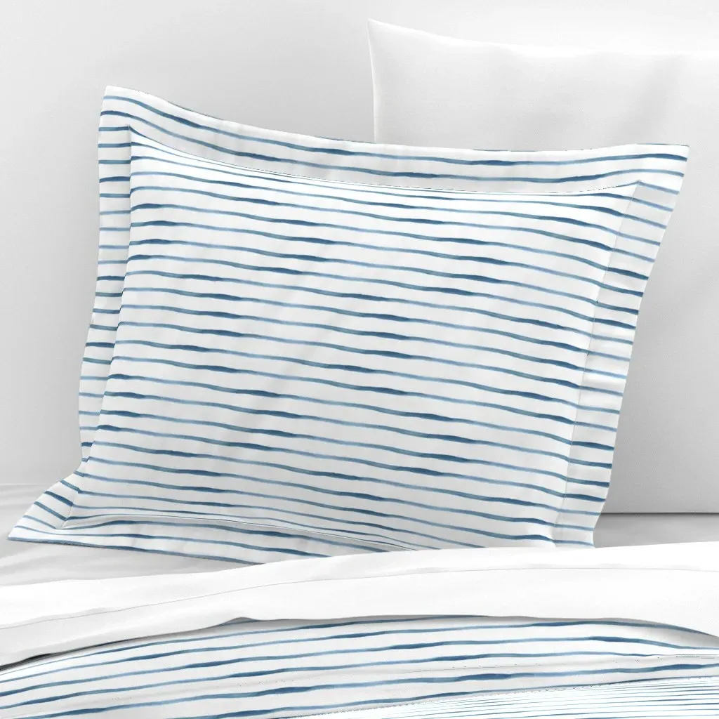 Blue Stripes Watercolor Standard Flanged Cushion Cover - Denim Blue, Cotton Sateen product