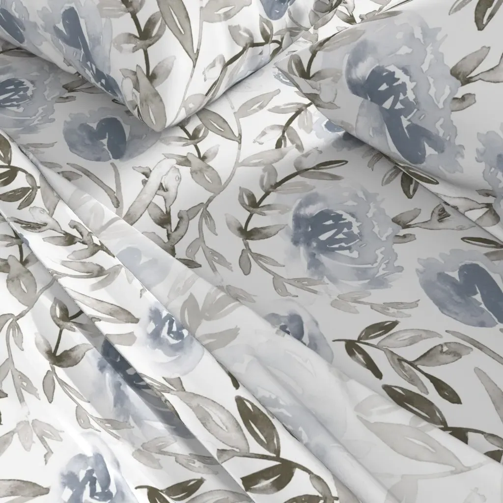 Blue & Taupe Watercolor Floral Queen Sheet Set - Dusty Blue alternate view