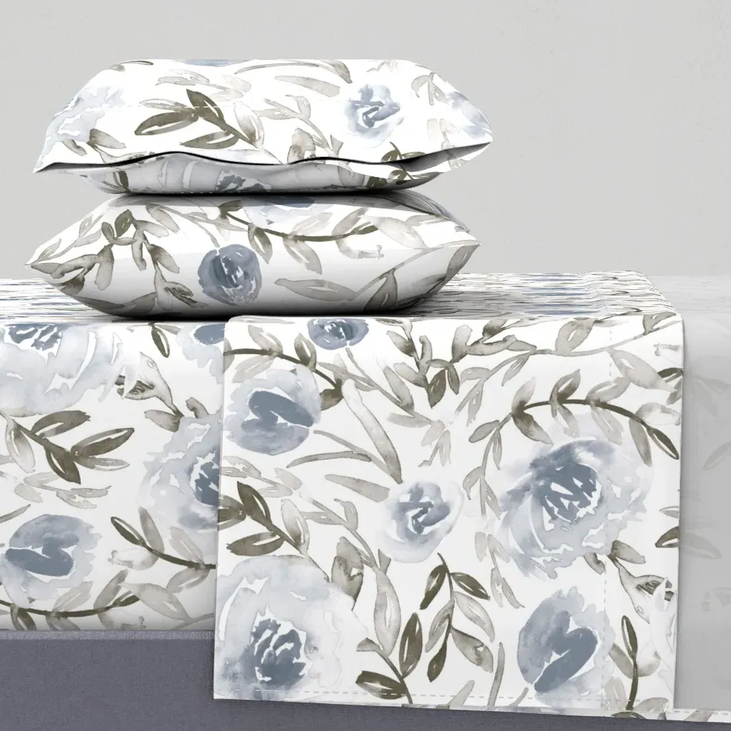 Blue & Taupe Watercolor Floral Queen Sheet Set - Dusty Blue product