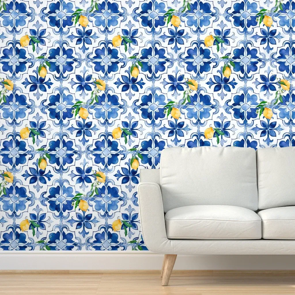 Blue Tiles Mosaic Mediterranean Majolica Lemon Citrus Peel and Stick Wallpaper product