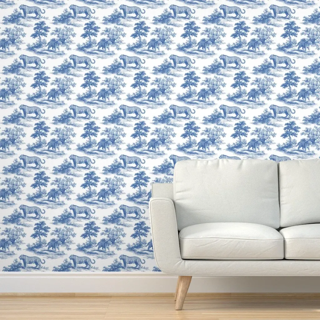Blue Toile Tiger Landscape Peel and Stick Wallpaper - Blue product