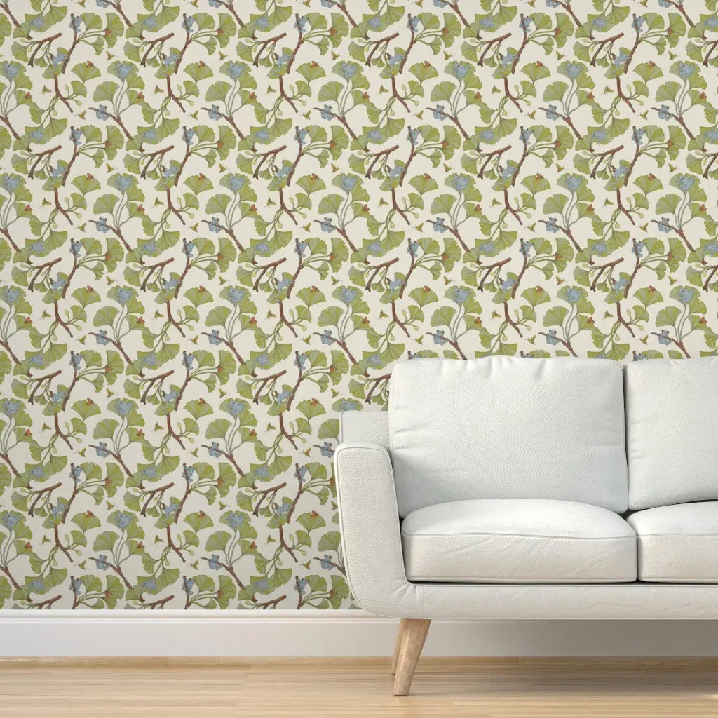 Blue Tree Frogs In Ginkgo Leaves Peel and Stick Wallpaper - Light Green product