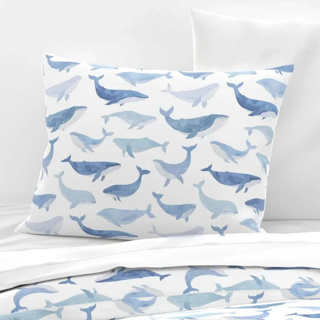 Blue Watercolor Whales Standard Knife Edge Cushion - Blue, Cotton Sateen product