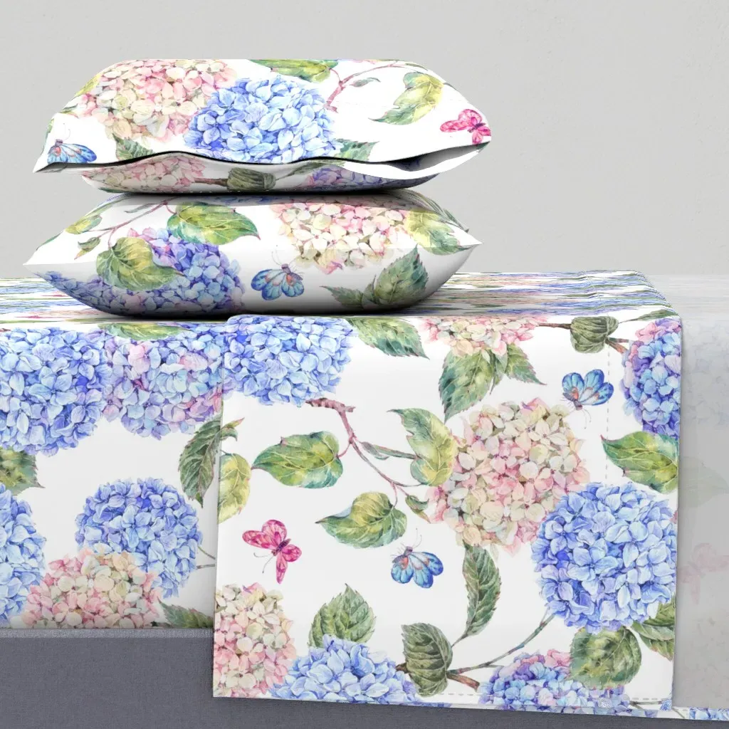 Blue & White Hydrangea Watercolor Queen Sheet Set - Light Blue product
