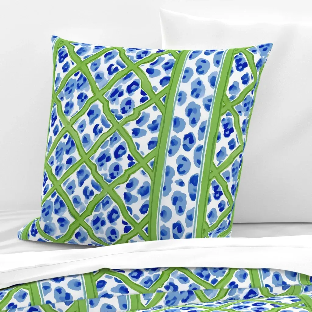 Blue & White Leopard Print Chinoiserie Lattice Euro Pillow Sham - Blue product