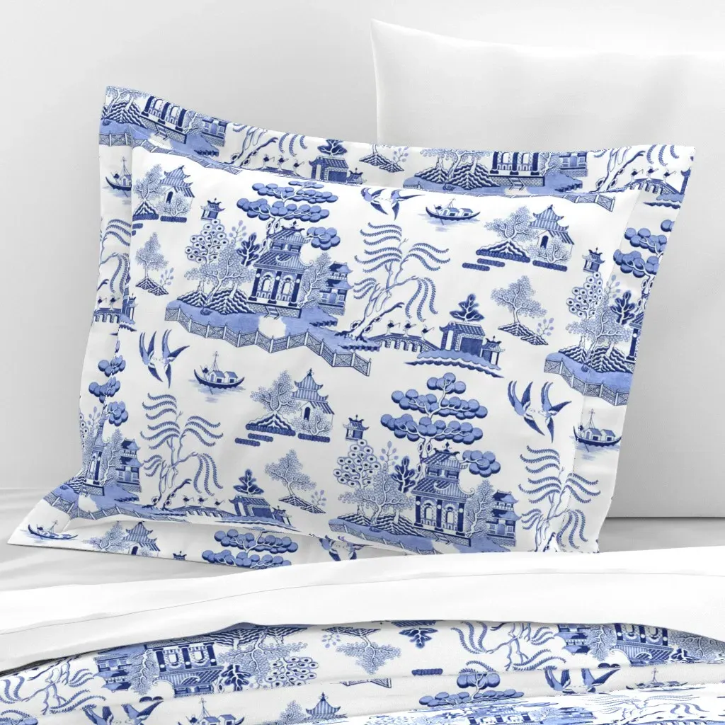 Blue Willow Chinoiserie Standard Flanged Cushion Cover - Blue, Cotton Sateen product