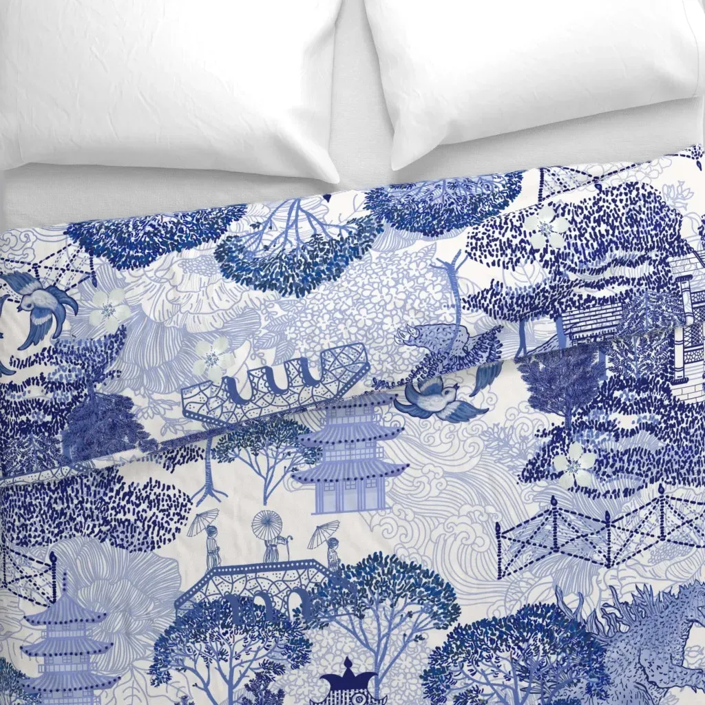 Blue Willow Godzilla Large Duvet Cover - Blue alternate view