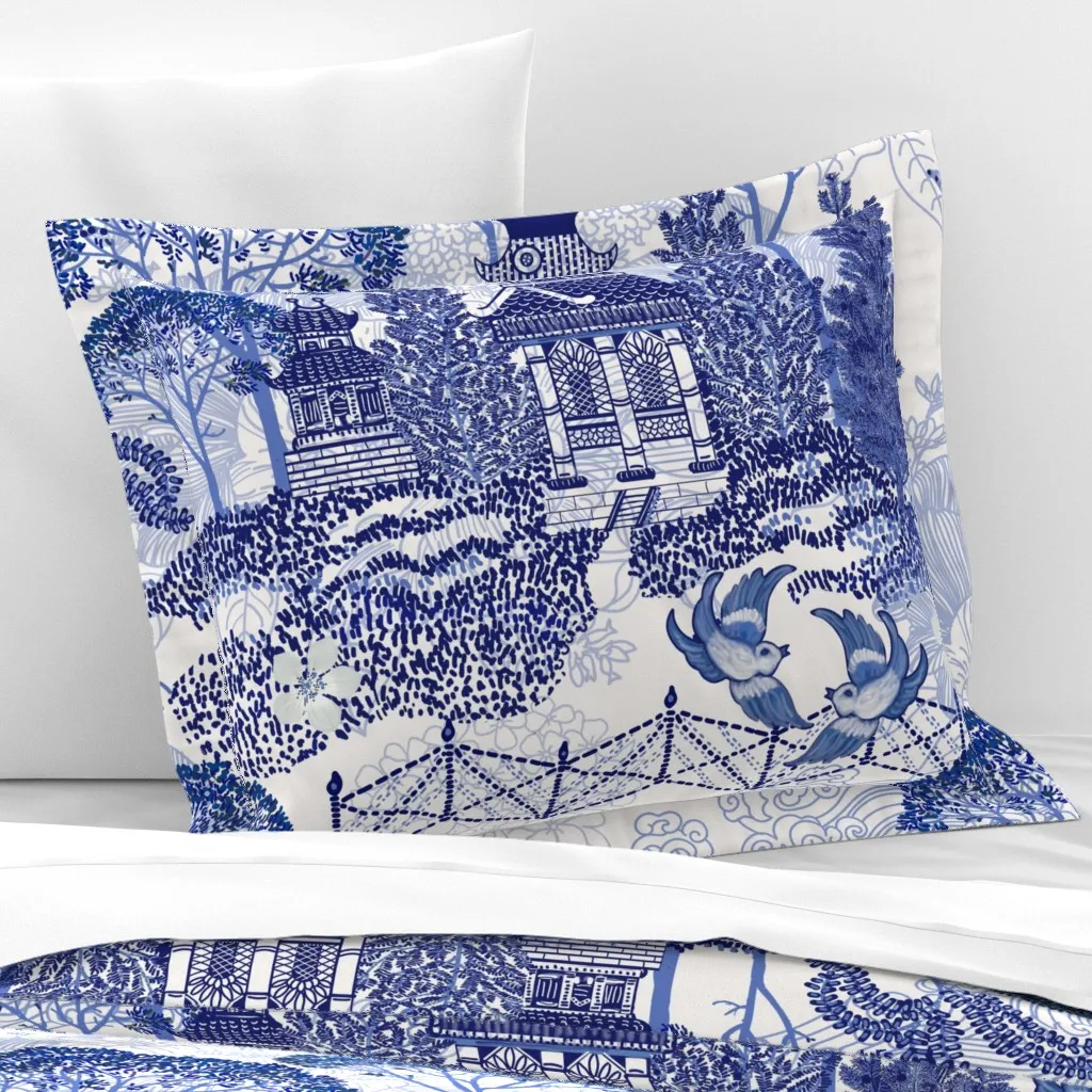 Blue Willow Revival Wide Cotton Sateen Standard Flanged Pillowcase - Blue product