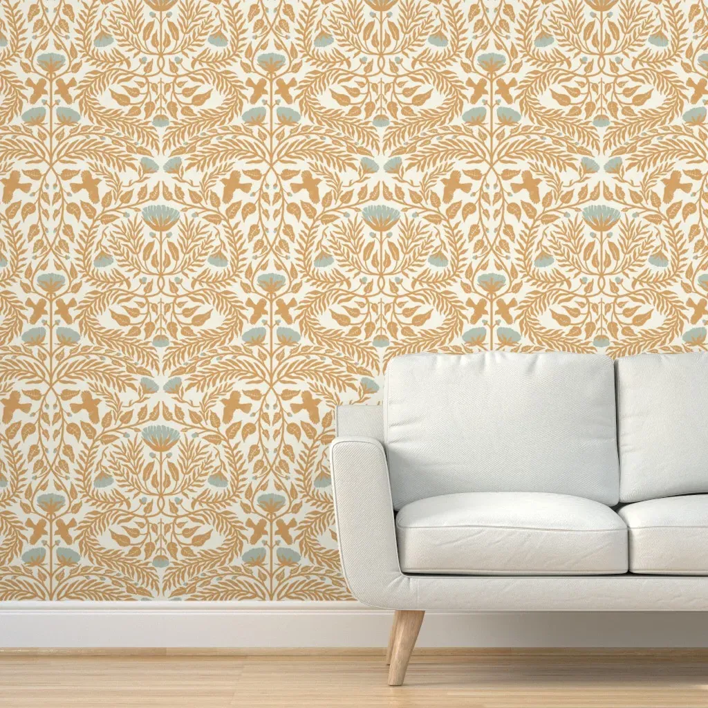 Bluebirds In The Brush Peel and Stick Wallpaper - Mustard Yellow product