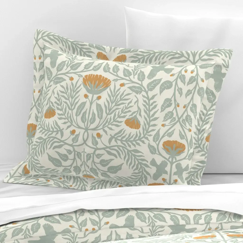 Bluebirds In The Brush Standard Flanged Pillow Sham - Sage Green, Cotton Sateen product