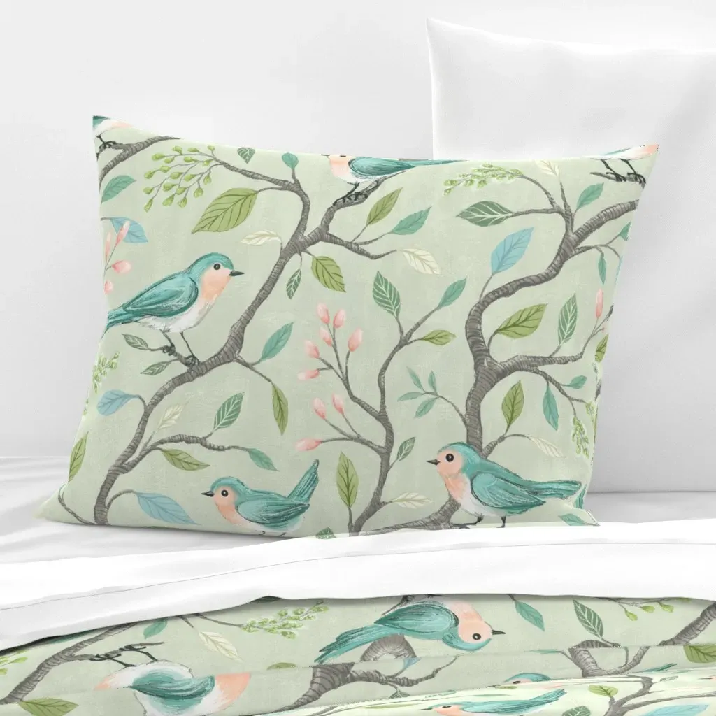 Bluebirds On Branches Standard Knife Edge Cushion - Teal, Cotton Sateen product