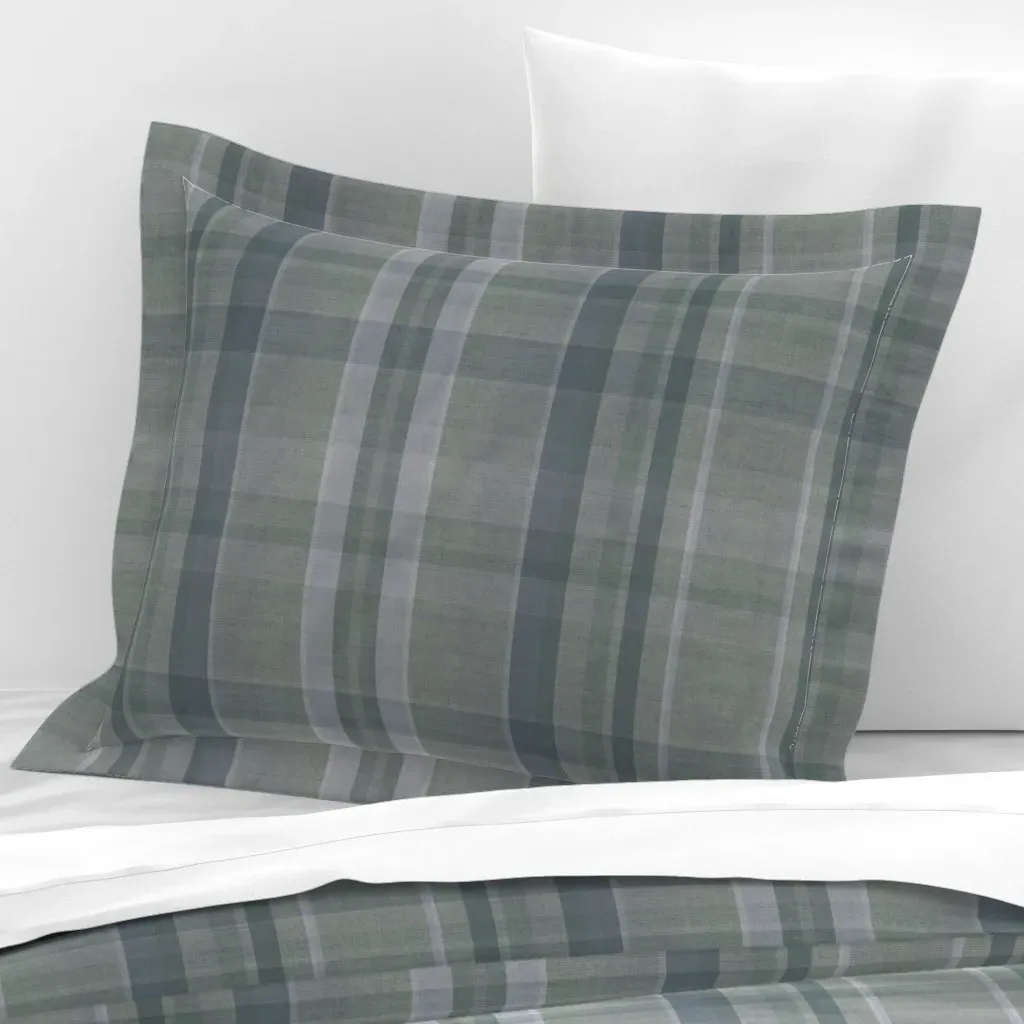 Bluish Green Cozy Plaid Standard Flanged Pillow Sham - Gray, Cotton Sateen product